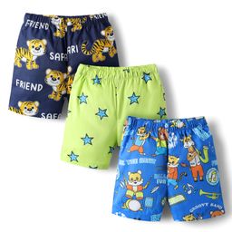 Babyhug Cotton Woven Above Knee Length Boxer With Animals & Star Print Pack Of 3 - Navy Blue Green & Blue-image-78