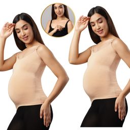 TUMMY Bamboo Cotton Pack Of 2 Sleeveless Solid Maternity Camisoles With Nursing Access - Beige-image-65