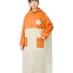 Little Surprise Box PVC Full Sleeves Teddy Bear Patch Detailed Hooded Raincoat With Backpack Space - Orange & Cream-image-34