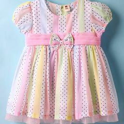ToffyHouse Cotton Woven Half Sleeves Party Dress with Polka Dot & Bow Applique - Pink & Yellow-picture-27