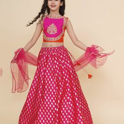 Bitiya By Bhama Silk Woven Sleeveless Floral Embroidered Gota Lace Embellished & Abstract Foil Printed Lehenga Choli With Dupatta Set - Pink-image-91