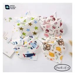 Ortis Cotton Baby Bib, Triangular Scarf with 2 Adjustable Press Studs - Pack of 4 (Color & Design May Vary)-picture-1