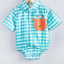 Hugsntugs Cotton Woven Half Sleeves Checked & Baby Crab Patch Embroidered Onesie - Blue-image-14