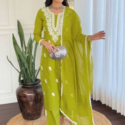 KALINI Floral Embroidered Thread Work Pure Cotton Kurta With Trousers And Dupatta-picture-1