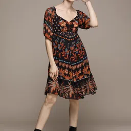 Label Ritu Kumar Black & Orange Ethnic Motifs Printed Smocked Georgette A-Line Dress-image-14