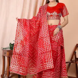 huuhambay Bandhani Printed Traditional Kota Doria Semi Stitched Lehenga & Dupatta-picture-6