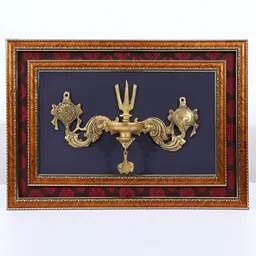 Exotic Gold Toned India 20" Lamp With Vaishnava Symbols Wood Framed Brass Sculpture-image-66