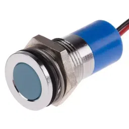 RS PRO Blue Panel Mount Indicator 12V DC, Mounting Hole Size 14 mm, Termination Type Lead Wires, IP Rating IP67, Model No 7038932-45