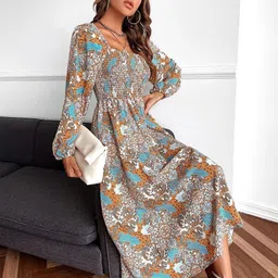 Stylecast X Slyck Women Floral Print Smocked Fit & Flare Midi Dress-picture-52