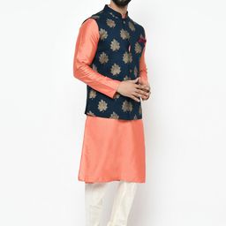 KISAH Men Navy Blue & Peach-Coloured Solid Kurta with Churidar & Nehru Jacket image 4