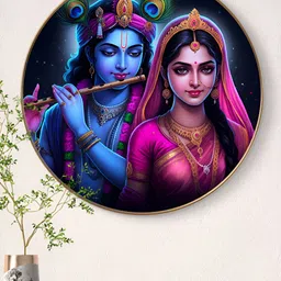 SAF Blue & Pink Radha Krishna Divine Love Religious Printed Wooden Wall Art-45