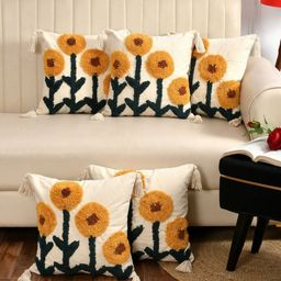 Dolce Casa Tan & Cream-Coloured Set of 5 Floral Square Cushion Covers-picture-28