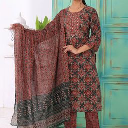 KALINI Floral Printed Sequinned Pure Cotton Straight Kurta With Trousers & Dupatta-image-36