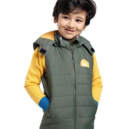 Babyhug Sleeveless Hooded Fashion Heavy Winter Solid Color Jacket - Olive Green-26