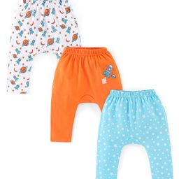 Babyhug Interlock Cotton Knit Full Length Diaper Pants Space Print Pack of 3 - Orange White & Blue-image-51