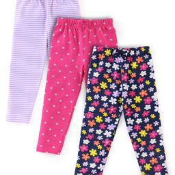 Babyhug Cotton Lycra Full Length Leggings Floral Print Pack of 3 - Multicolour-image-54