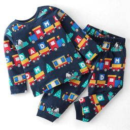 Babyhug Cotton Knit Full Sleeves Toy Train Printed Night Suit - Navy Blue-image-98
