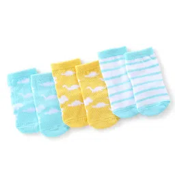Cute Walk By Babyhug Anti Bacterial Ankle Length Socks Stripes & Dino Design Pack Of 3 - Yellow & Blue-picture-32