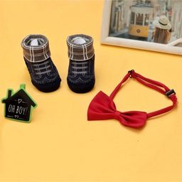 Yellow Bee Checked Design Socks With Bow Tie - Navy Blue & Red-image-4