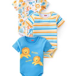 Babyhug 100% Cotton Knit Half Sleeves Onesies With Animals Print & Striped Pack Of 3 - Blue & White-image-44