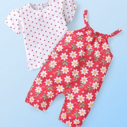 Babyhug Single Jersey Knit Dungaree with Half Sleeves T-Shirt Polka Dot & Floral Print - White & Red-image-18