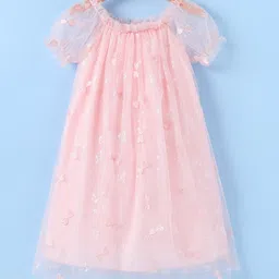 Kookie Kids Half Sleeves Party Frock With Butterfly Print & Bow Detaling - Pink-picture-14