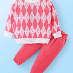 Babyhug Knit Full Sleeves Sweater Set With Argyle Design - Pink-picture-12