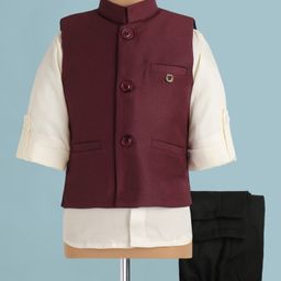 Robo Fry Woven Full Sleeves Solid Colour 3 Piece Party Suit with Waist Coat - Maroon-image-14