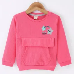 Olio Kids Cotton Knit Full Sleeves Winter T-Shirt with Kangaroo Pocket & Star Printed - Pink-picture-22