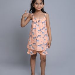 Little Clothing Cotton Woven Sleeveless Animal Printed Coordinating Top With Shorts - Peach-image-61