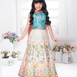 Tiny Kingdom Sleeveless Leaves Printed & Sequin Embroided Lehenga Choli Set - Cream-image-93