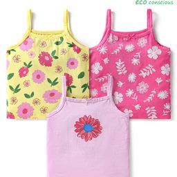 Babyoye Cotton Elastane Knit Sleeveless Slip With Floral Print Pack Of 3 - Purple Yellow & Pink-image-41