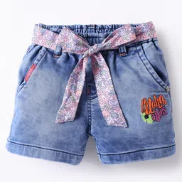 Olio Kids Above Knee Length Washed Denim Shorts with Fabric Belt & Text Embroidery - Light Blue-picture-40