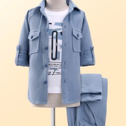 Rikidoos Full Sleeves Textured Shirt With Typography Printed Tee & Pant - Light Blue & White-image-29