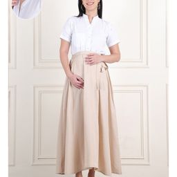 Moms Maternity Half Sleeves Textured Maternity Shirt With Front Button Open Nursing Access & Skirt Set - Beige-image-52