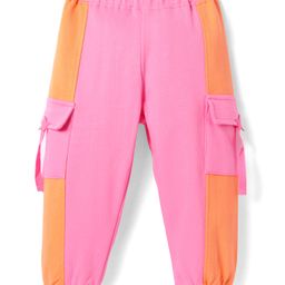 Babyhug Terry Knit Full Length Cut & Sew Lounge Pants with Pockets - Pink & Orange-image-69