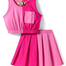 Tiara Cotton Jersey Sleeveless Colour Blocked Crop Top & Flared Pleated Skirt Set - Pink-image-67