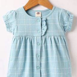 Zero Sinker Knit Half Sleeves Checks Front Open Frock - Light Blue-image-0