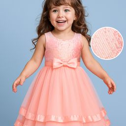 Babyhug Woven Sleeveless Party Dress With Bow Applique & Sequin - Peach-image-65