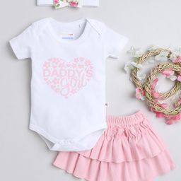 BUMZEE Interlock Woven Half Sleeves Onesie & Skirt With Floral Print & Headband - White & Pink-image-74