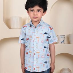 Polka Tots Cotton Half Sleeves Vehicles Printed Shirt - Blue-image-86