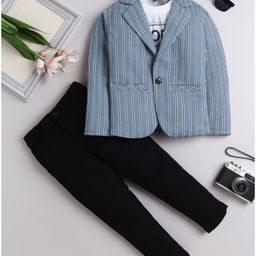 Fourfolds Cotton Blend Hope Text Printed Tee & Trouser With Full Sleeves Blazer Set - Sky Blue-image-35