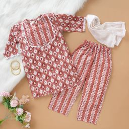 Desi Soota Cotton Woven Three Fourth Sleeves Abstract Printed Kurta & Coordinating Pant With Dupatta Set - Rustic Red-image-25