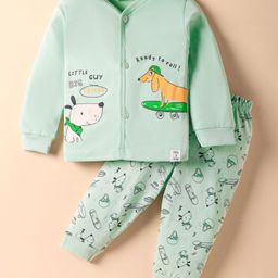 CUCUMBER Sinker Knit Full Sleeves Night Suit with Puppy Print - Light Green-picture-3