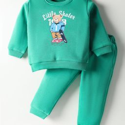 ToffyHouse Fleece Knit Full Sleeves Winter Wear Sweatshirt & Lounge Pant Set with Bear Print - Mint-picture-19