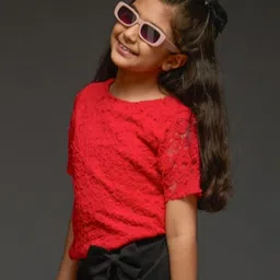 KIDSDEW Woven Half Sleeves Floral Lace Detailed Top - Red-picture-9