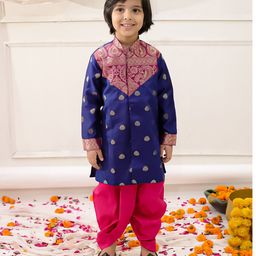 KID1 Brocade Woven Onam Theme Full Sleeves Floral Foil Printed Sherwani Dhoti Set - Navy Blue-image-12