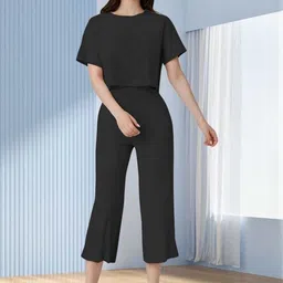 QENY Women Black Polyester Solid Crop Top With Trousers Co-Ord Set-picture-33
