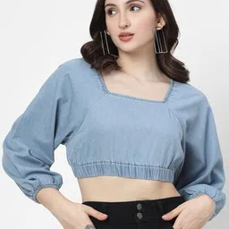 COSMIC TRIO Bishop Sleeves Cotton Denim Styled Back Crop Top-image-57