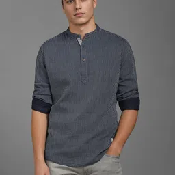 Louis Philippe Jeans Men Band Collar Vertical Striped Cotton Casual Shirt-image-19
